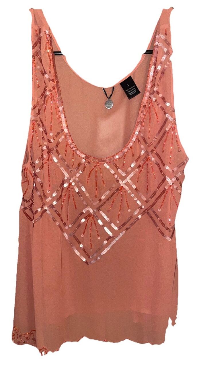 BKE Boutique Burnt Orange Completely Sheer Sequin Tank Top Women’s Sz L